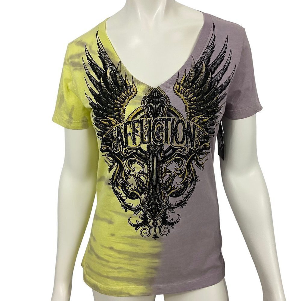 Affliction Women’s Short Sleeve V Neck Shirt Top Sz S Yellow & Mauve Wings Cross